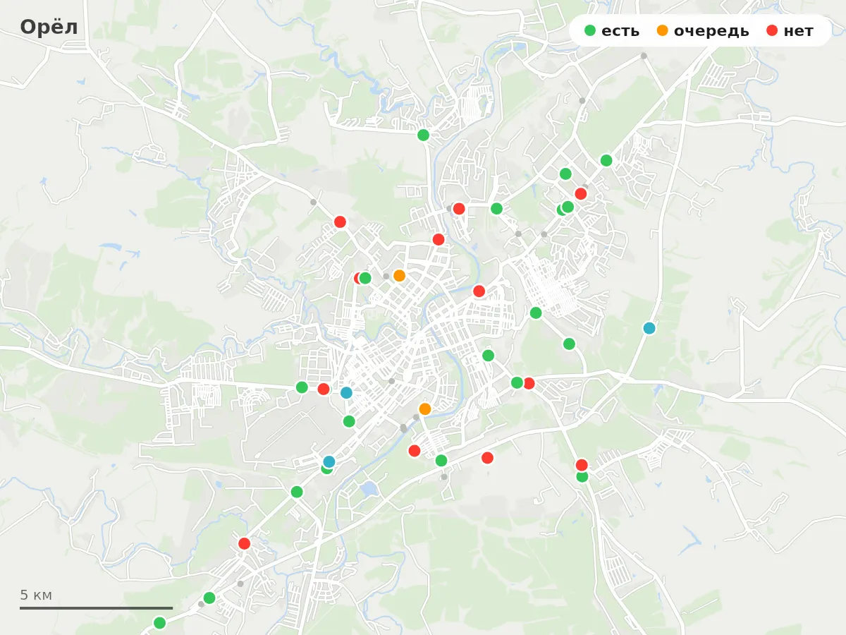 Карта заправок Орёл: зелёные — есть топливо, оранжевые — очередь, красные — нет