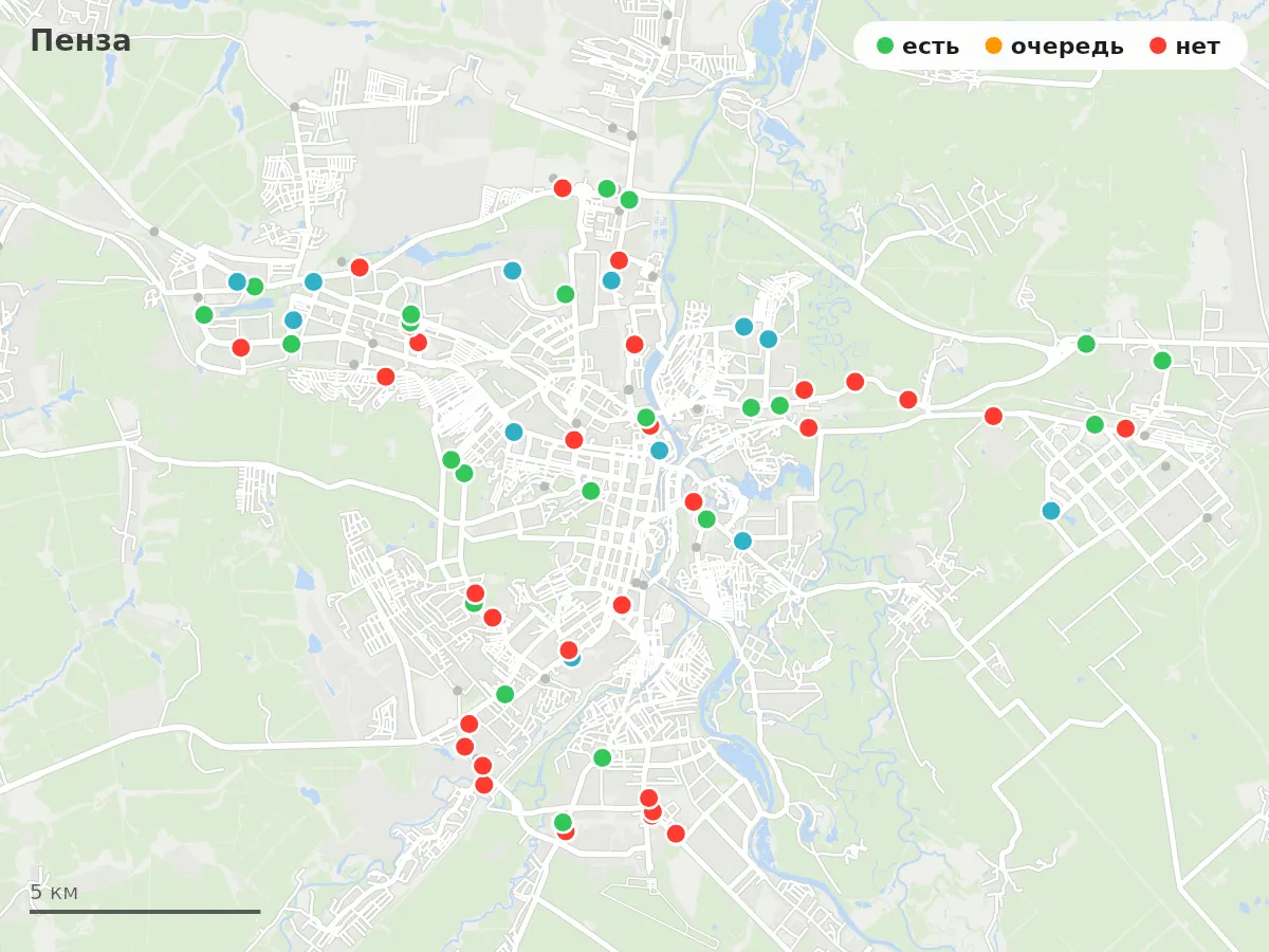 Карта заправок Пенза: зелёные — есть топливо, оранжевые — очередь, красные — нет