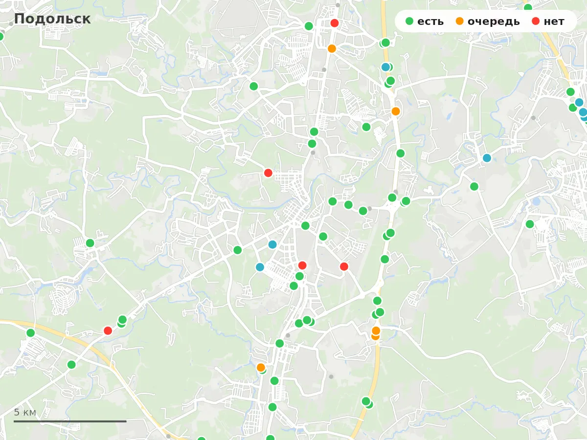 Карта заправок Подольск: зелёные — есть топливо, оранжевые — очередь, красные — нет