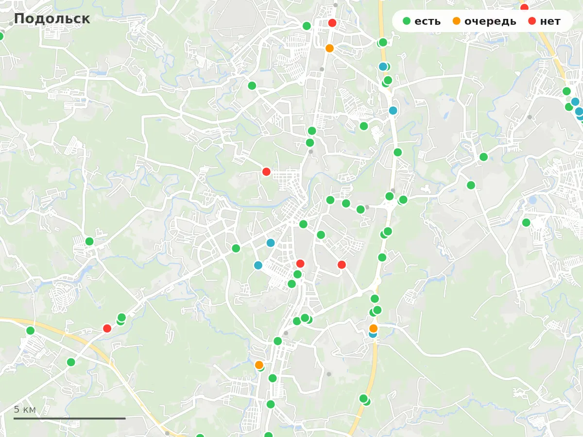 Карта заправок Подольск: зелёные — есть топливо, оранжевые — очередь, красные — нет