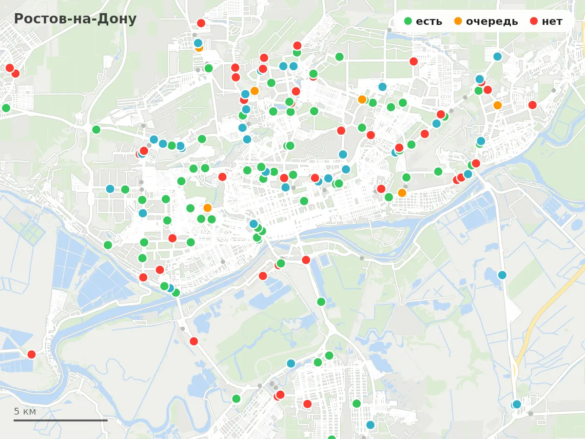 Карта заправок Ростов-на-Дону: зелёные — есть топливо, оранжевые — очередь, красные — нет