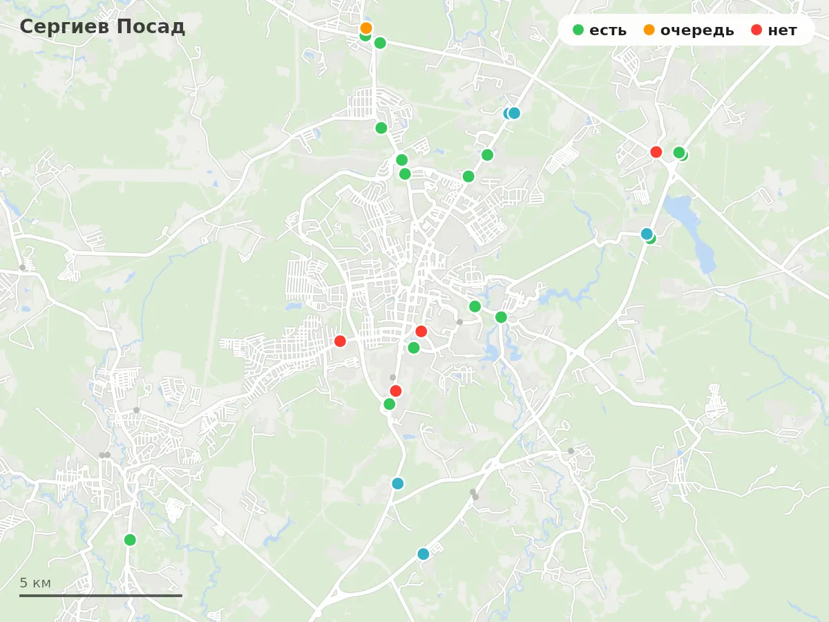 Карта заправок Сергиев Посад: зелёные — есть топливо, оранжевые — очередь, красные — нет