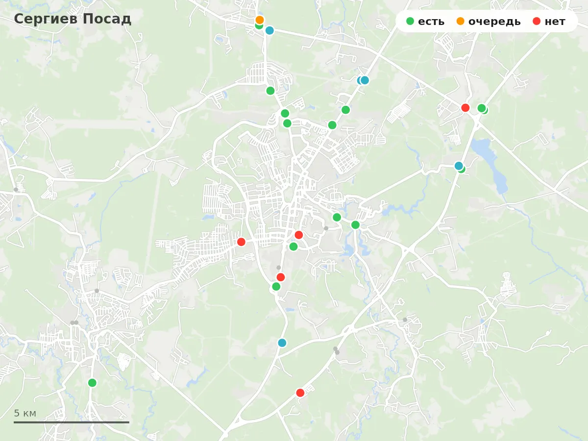 Карта заправок Сергиев Посад: зелёные — есть топливо, оранжевые — очередь, красные — нет