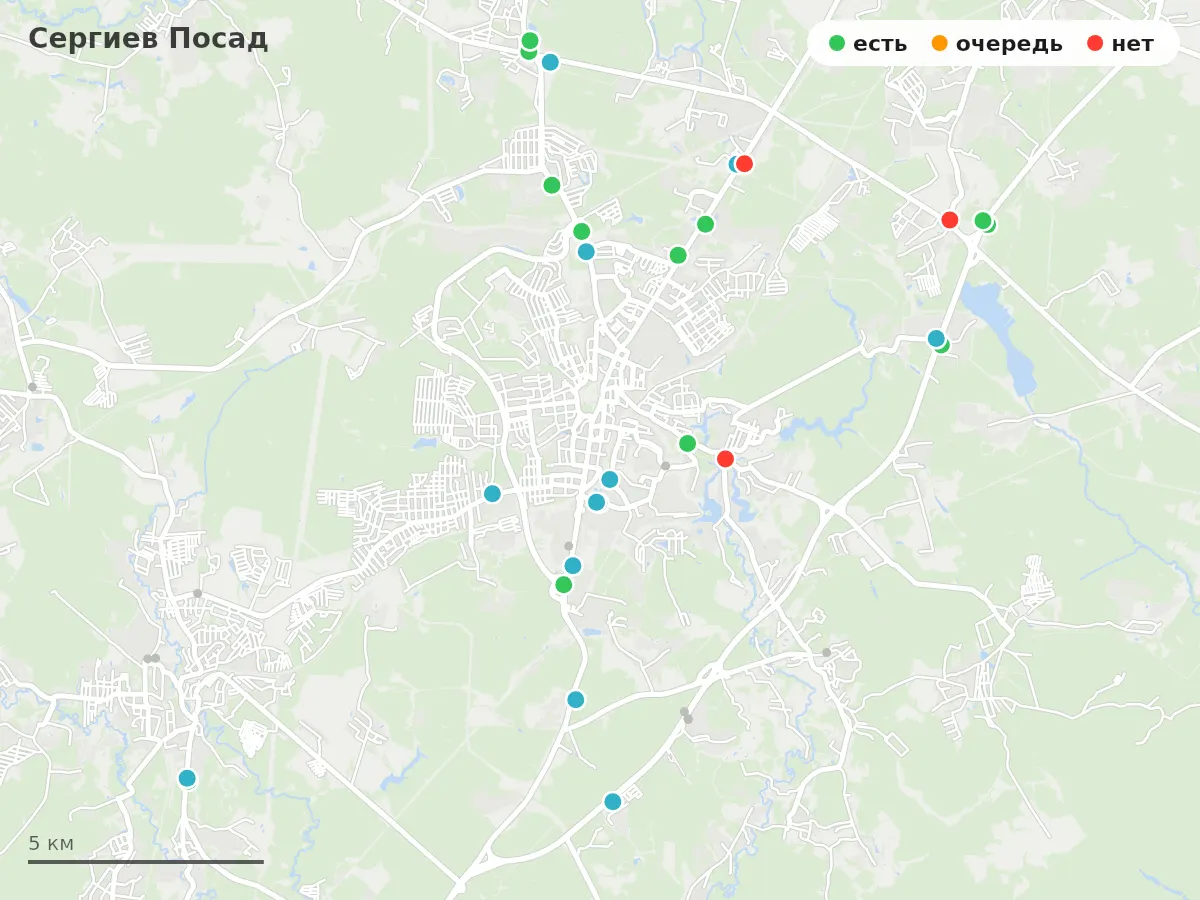 Карта заправок Сергиев Посад: зелёные — есть топливо, оранжевые — очередь, красные — нет