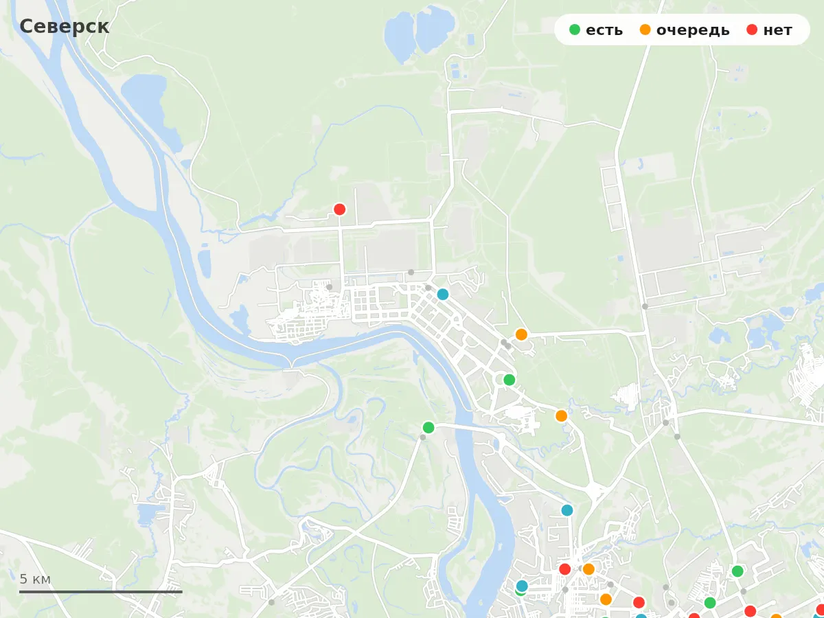 Карта заправок Северск: зелёные — есть топливо, оранжевые — очередь, красные — нет