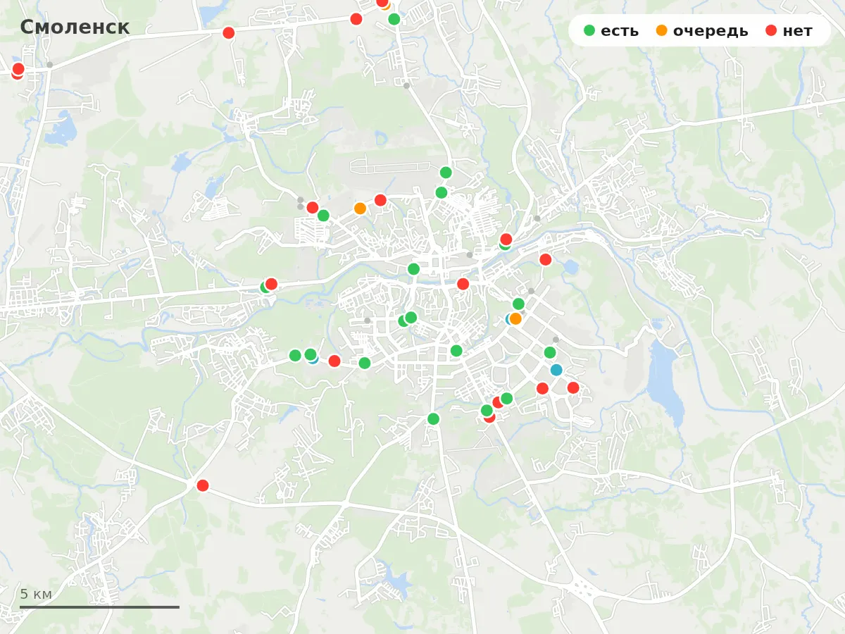 Карта заправок Смоленск: зелёные — есть топливо, оранжевые — очередь, красные — нет