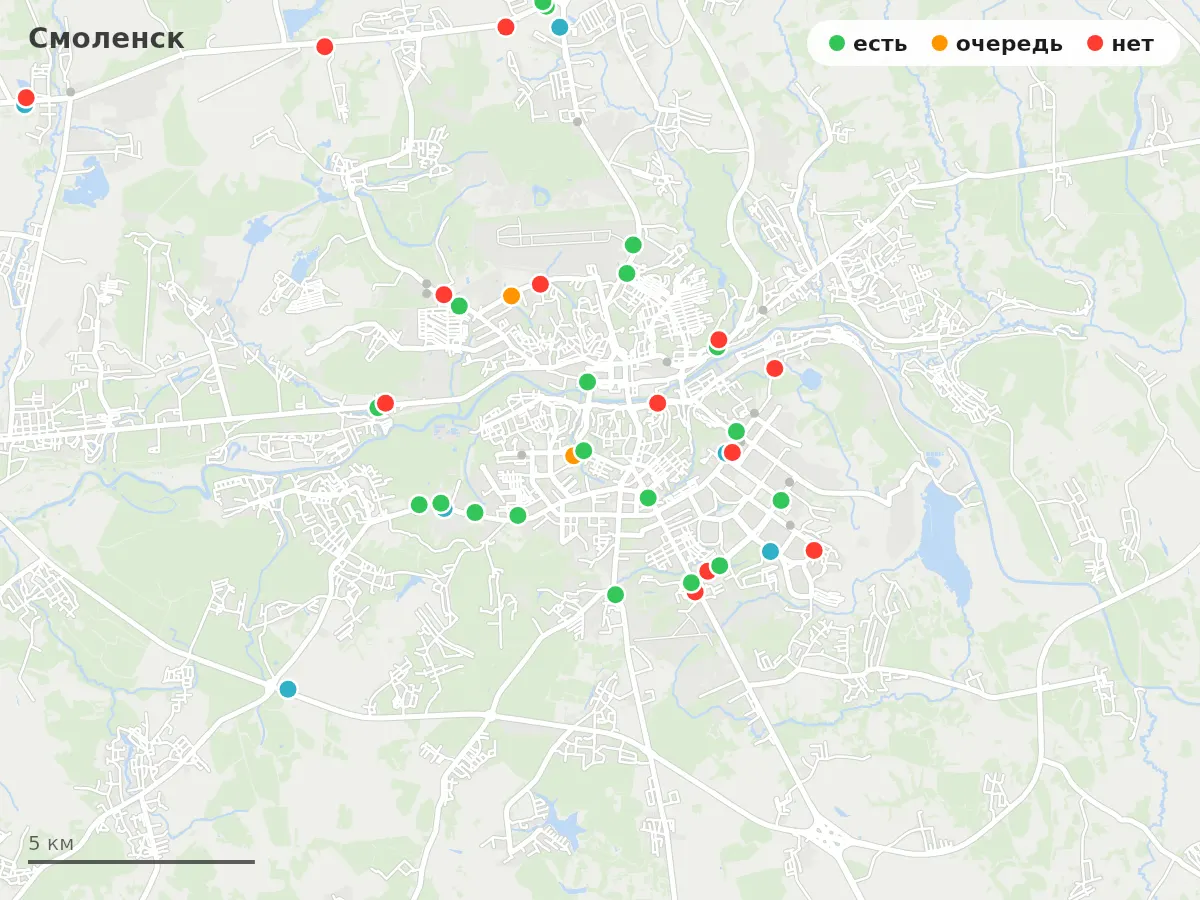 Карта заправок Смоленск: зелёные — есть топливо, оранжевые — очередь, красные — нет