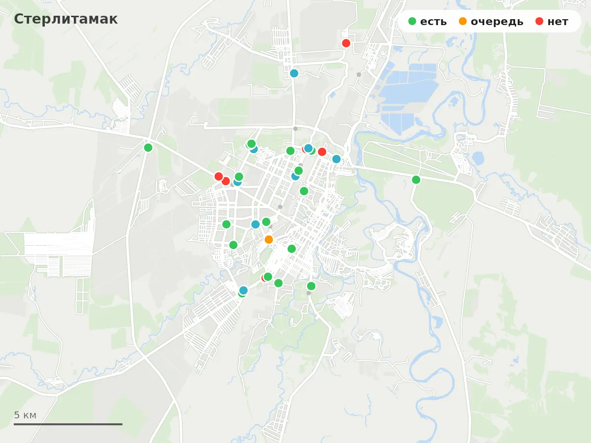 Карта заправок Стерлитамак: зелёные — есть топливо, оранжевые — очередь, красные — нет