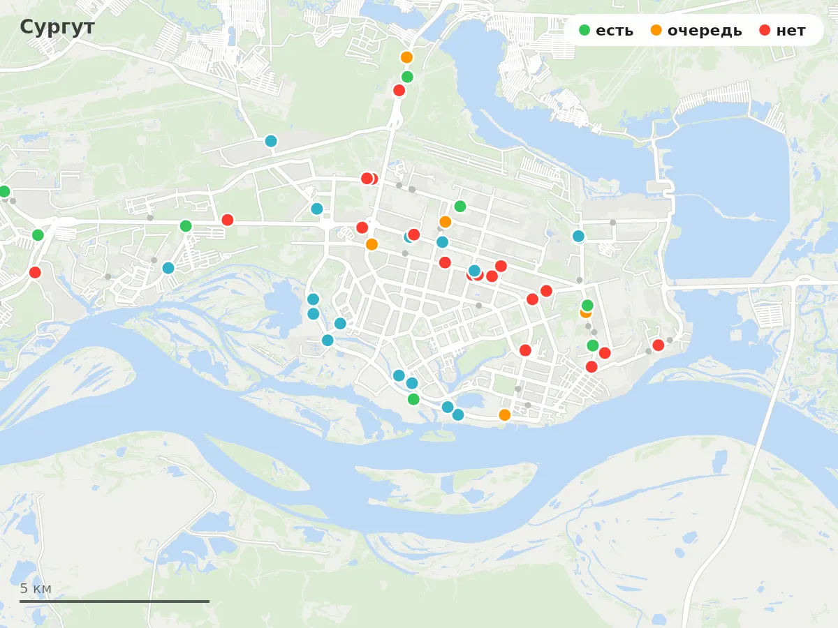 Карта заправок Сургут: зелёные — есть топливо, оранжевые — очередь, красные — нет