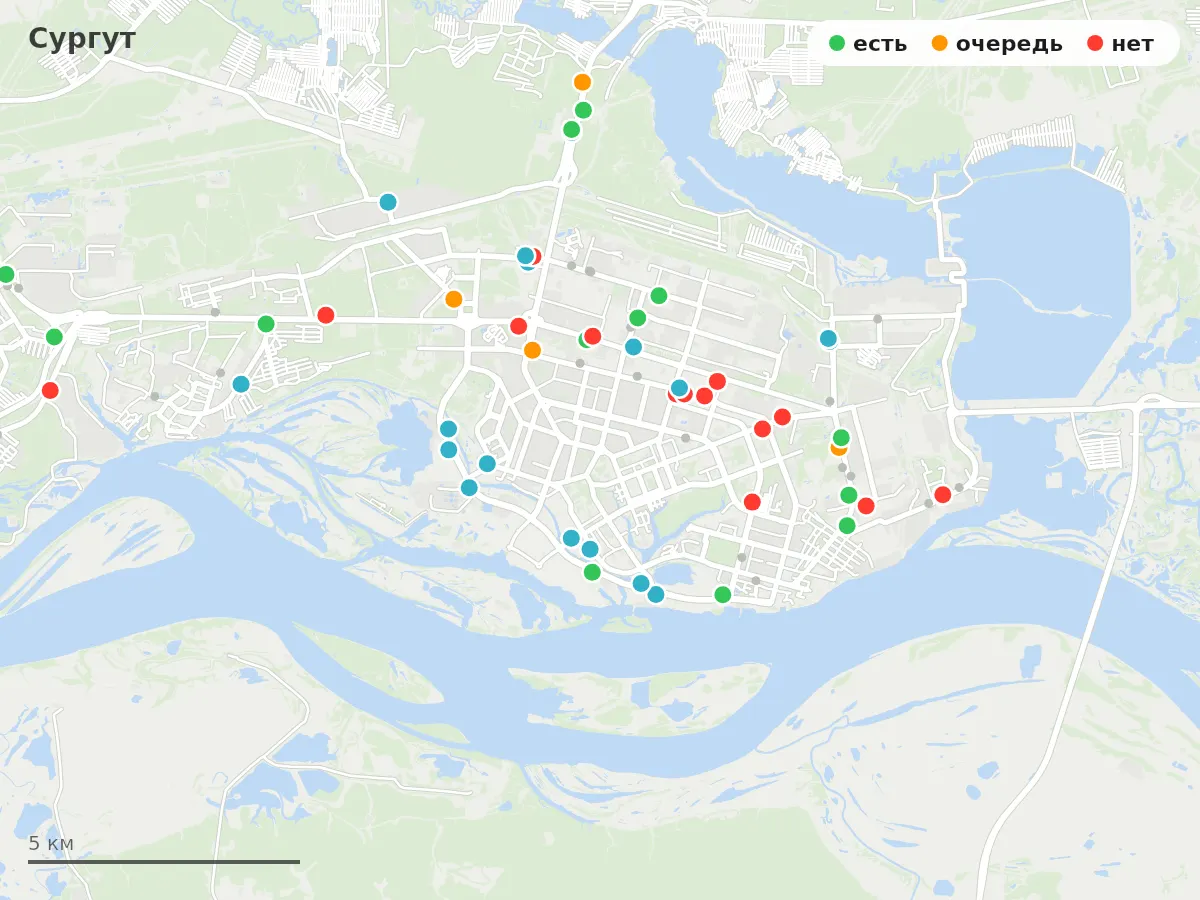 Карта заправок Сургут: зелёные — есть топливо, оранжевые — очередь, красные — нет
