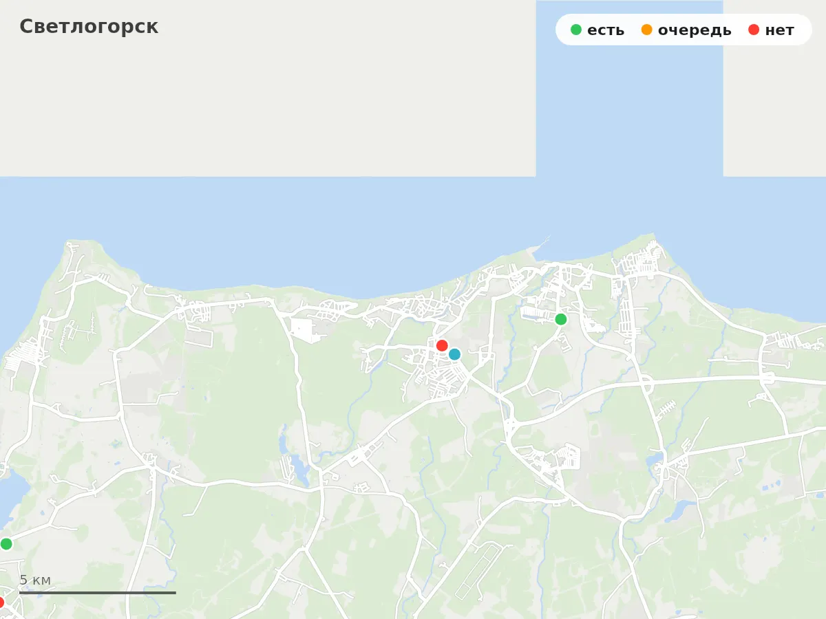 Карта заправок Светлогорск: зелёные — есть топливо, оранжевые — очередь, красные — нет