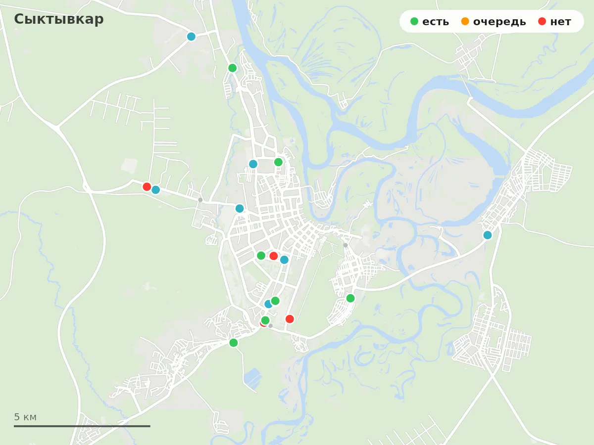 Карта заправок Сыктывкар: зелёные — есть топливо, оранжевые — очередь, красные — нет
