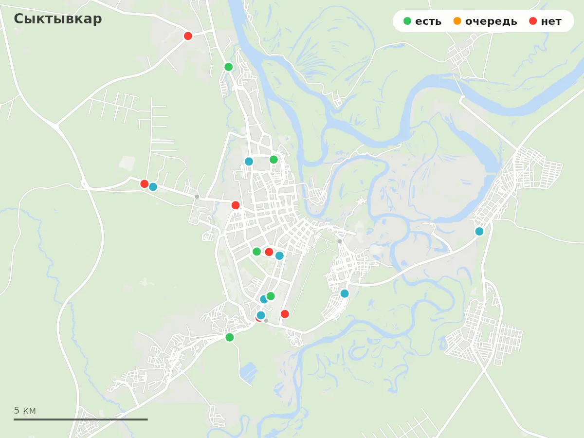 Карта заправок Сыктывкар: зелёные — есть топливо, оранжевые — очередь, красные — нет