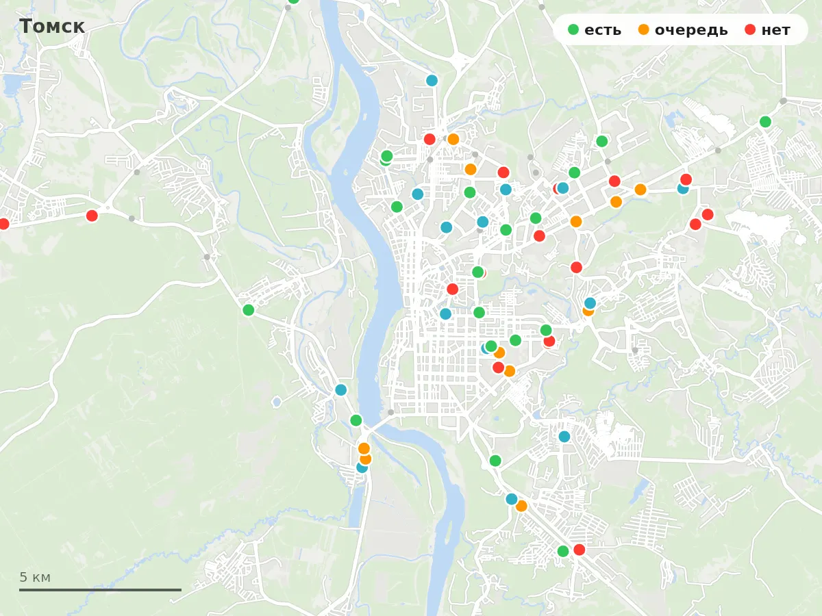 Карта заправок Томск: зелёные — есть топливо, оранжевые — очередь, красные — нет