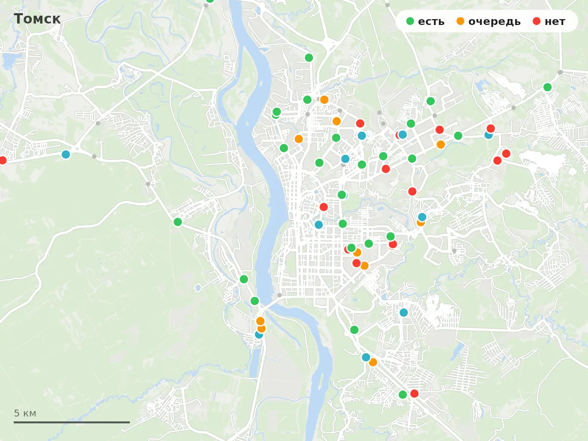 Карта заправок Томск: зелёные — есть топливо, оранжевые — очередь, красные — нет