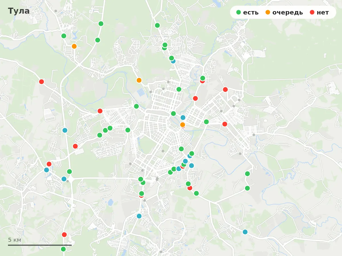 Карта заправок Тула: зелёные — есть топливо, оранжевые — очередь, красные — нет