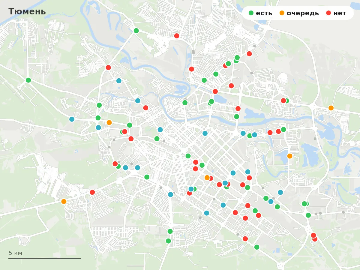 Карта заправок Тюмень: зелёные — есть топливо, оранжевые — очередь, красные — нет