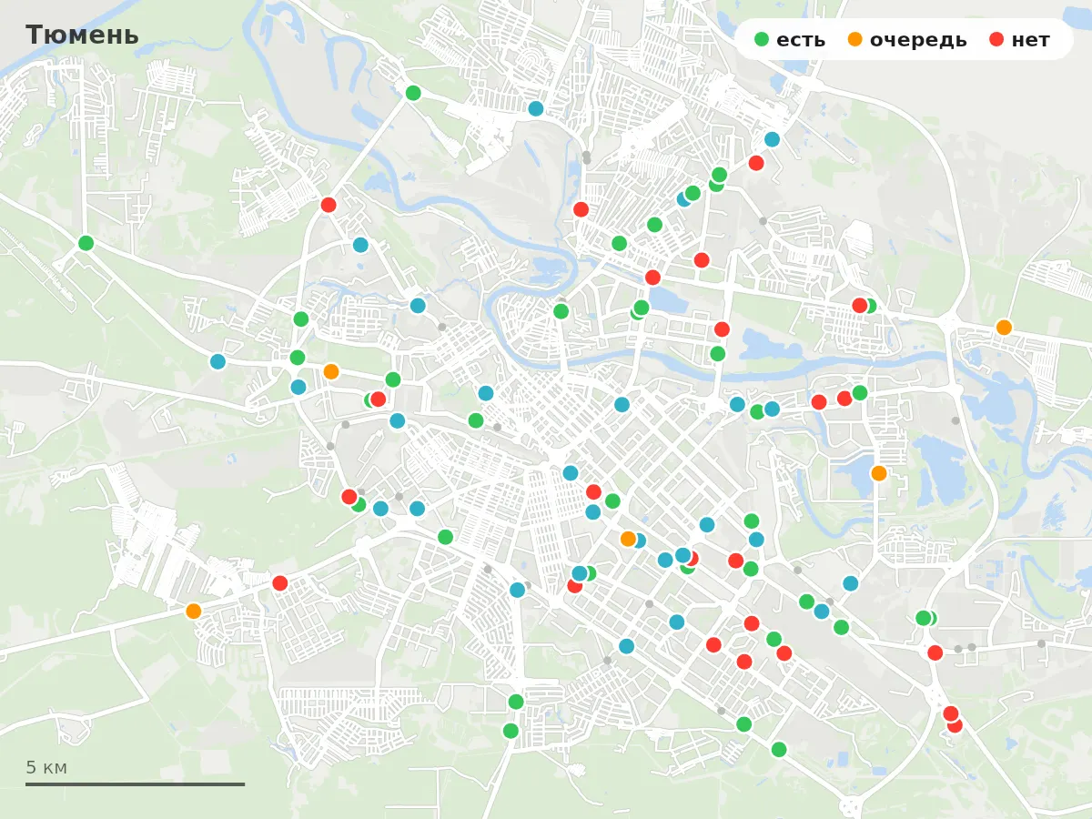 Карта заправок Тюмень: зелёные — есть топливо, оранжевые — очередь, красные — нет