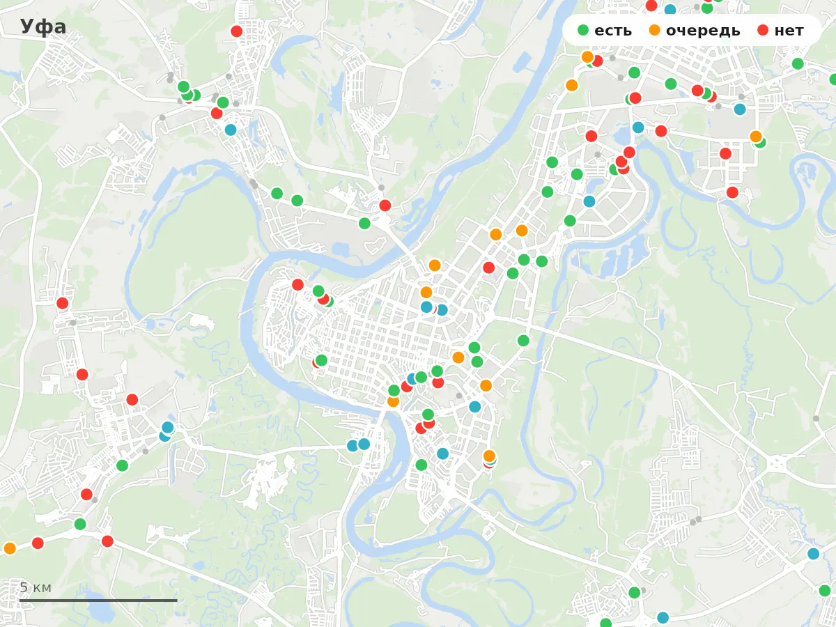 Карта заправок Уфа: зелёные — есть топливо, оранжевые — очередь, красные — нет
