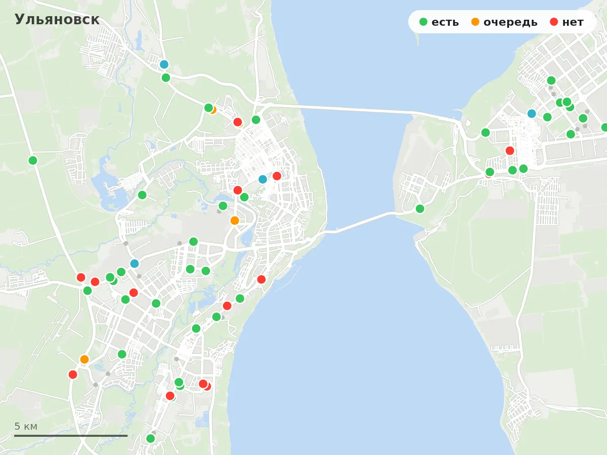 Карта заправок Ульяновск: зелёные — есть топливо, оранжевые — очередь, красные — нет