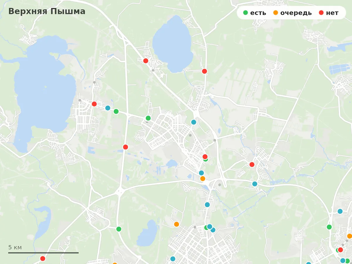 Карта заправок Верхняя Пышма: зелёные — есть топливо, оранжевые — очередь, красные — нет
