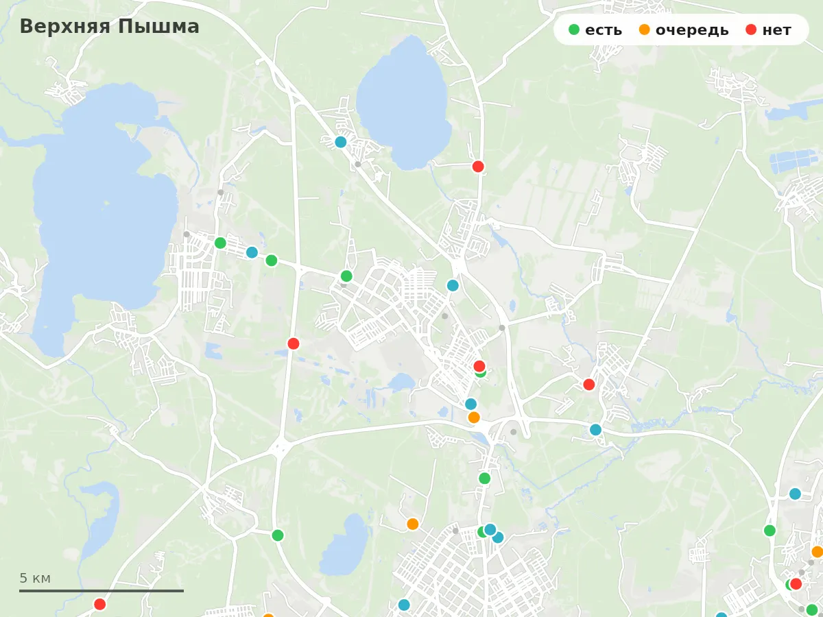 Карта заправок Верхняя Пышма: зелёные — есть топливо, оранжевые — очередь, красные — нет