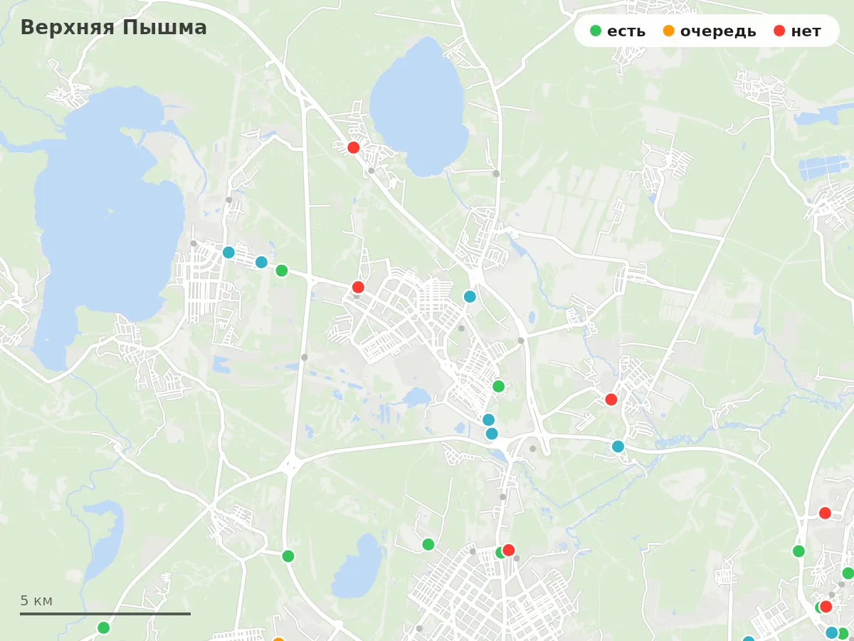 Карта заправок Верхняя Пышма: зелёные — есть топливо, оранжевые — очередь, красные — нет