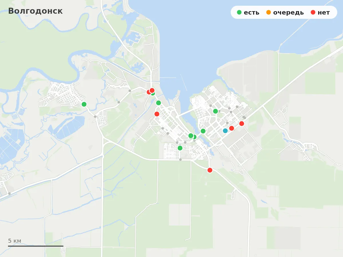 Карта заправок Волгодонск: зелёные — есть топливо, оранжевые — очередь, красные — нет