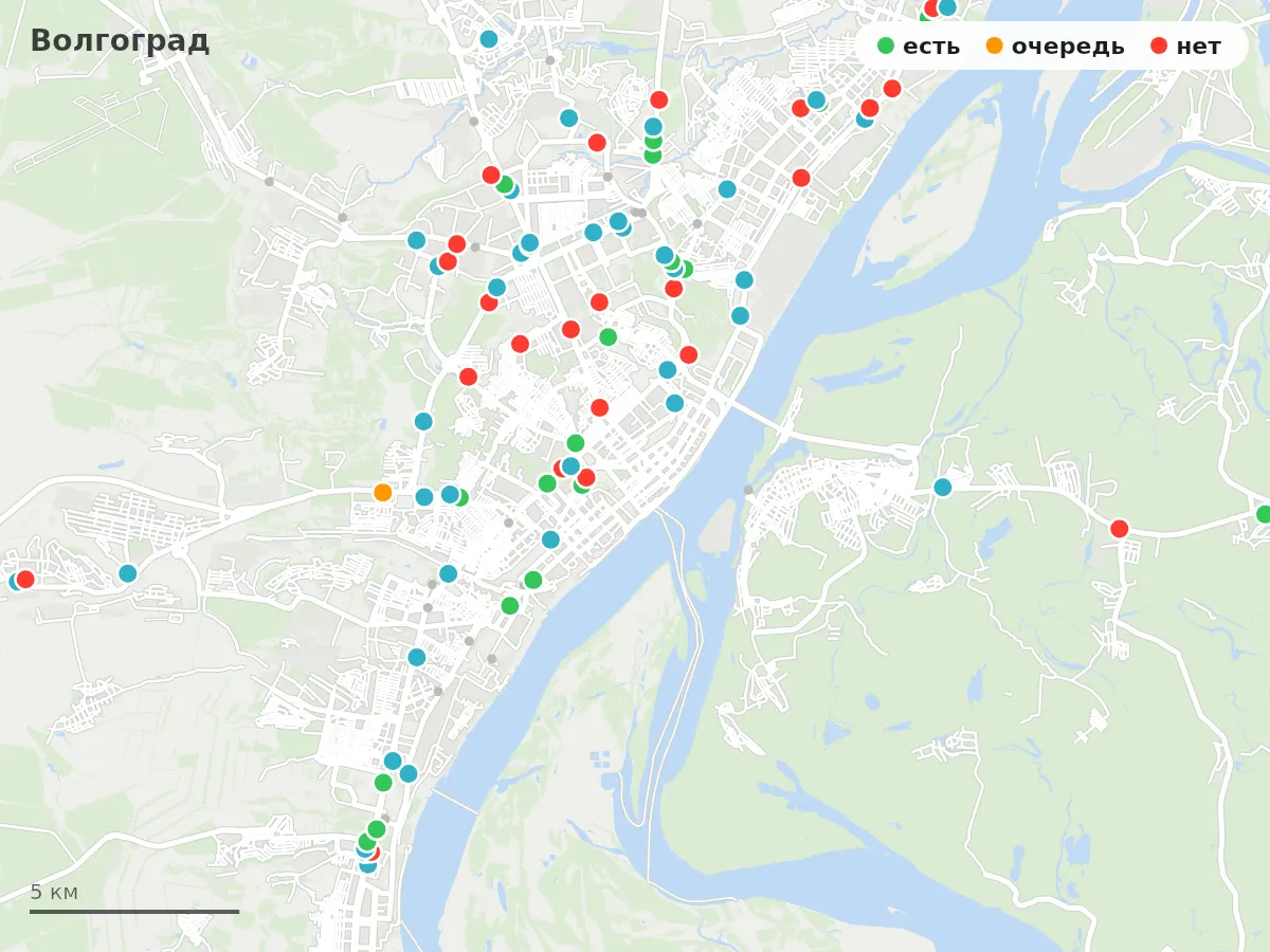 Карта заправок Волгоград: зелёные — есть топливо, оранжевые — очередь, красные — нет