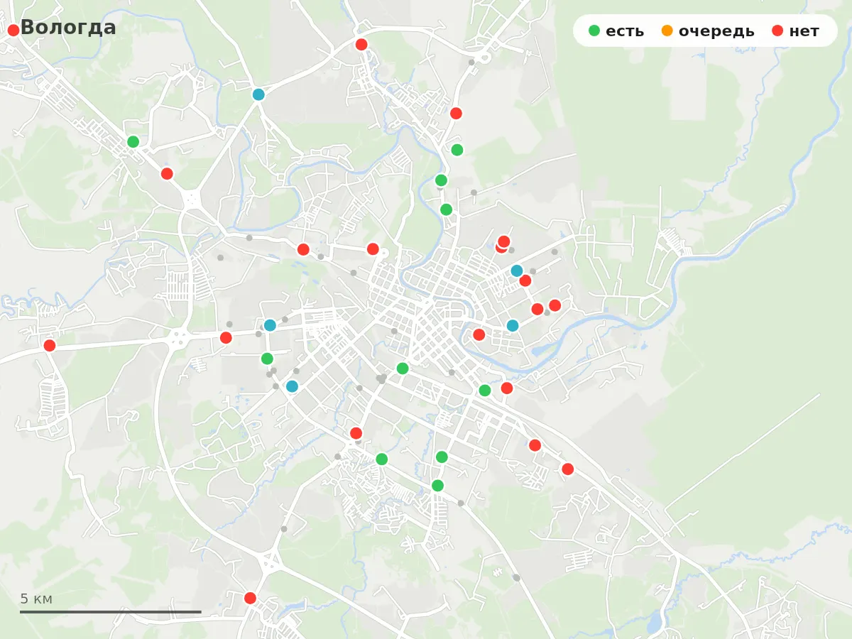 Карта заправок Вологда: зелёные — есть топливо, оранжевые — очередь, красные — нет