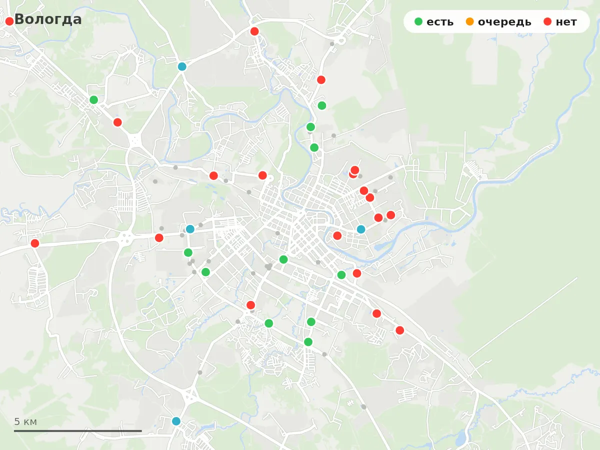 Карта заправок Вологда: зелёные — есть топливо, оранжевые — очередь, красные — нет