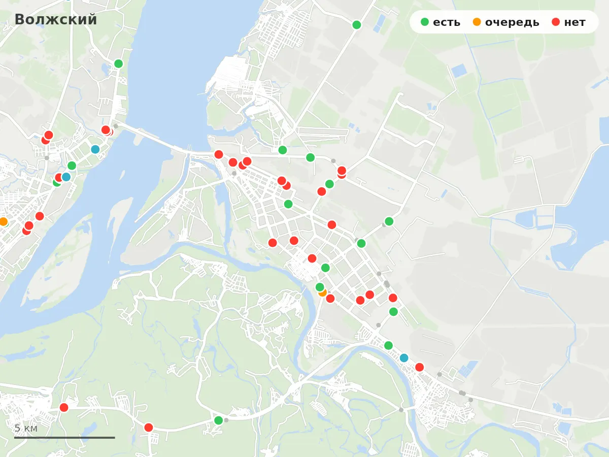 Карта заправок Волжский: зелёные — есть топливо, оранжевые — очередь, красные — нет