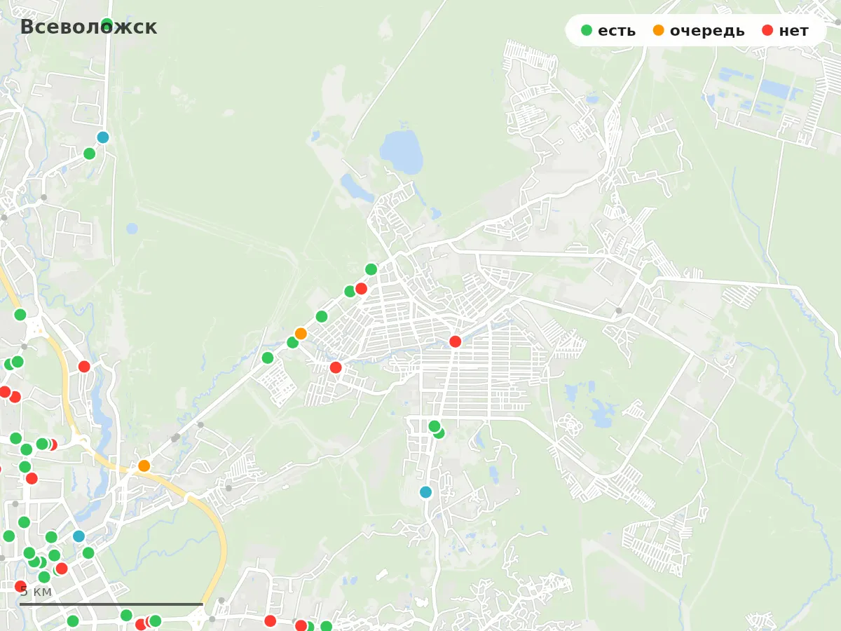 Карта заправок Всеволожск: зелёные — есть топливо, оранжевые — очередь, красные — нет