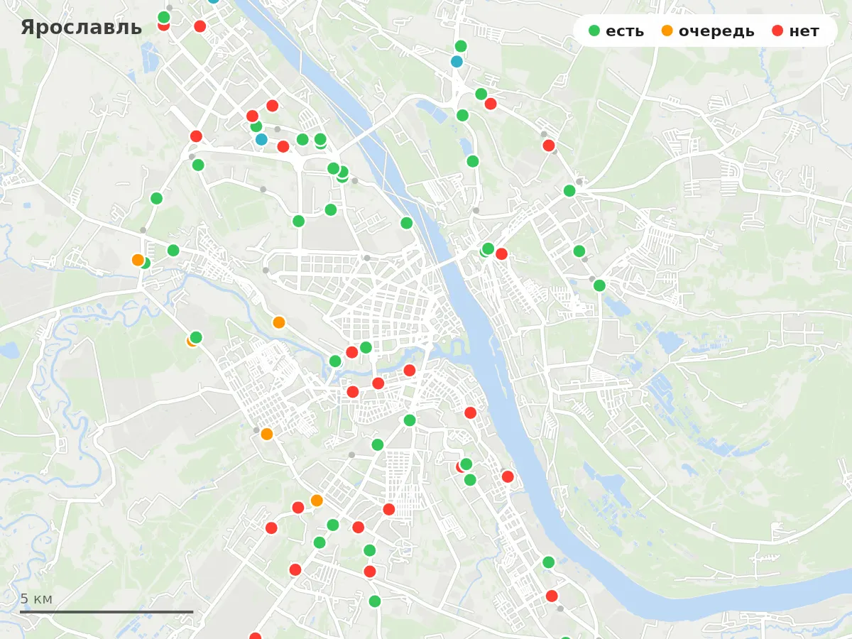 Карта заправок Ярославль: зелёные — есть топливо, оранжевые — очередь, красные — нет