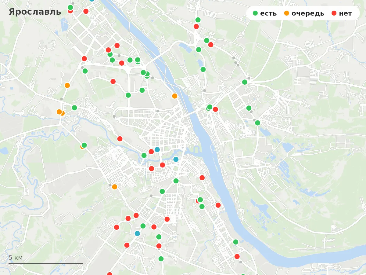 Карта заправок Ярославль: зелёные — есть топливо, оранжевые — очередь, красные — нет
