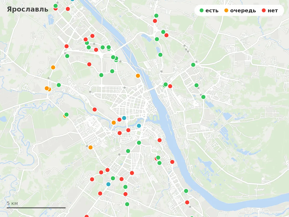 Карта заправок Ярославль: зелёные — есть топливо, оранжевые — очередь, красные — нет