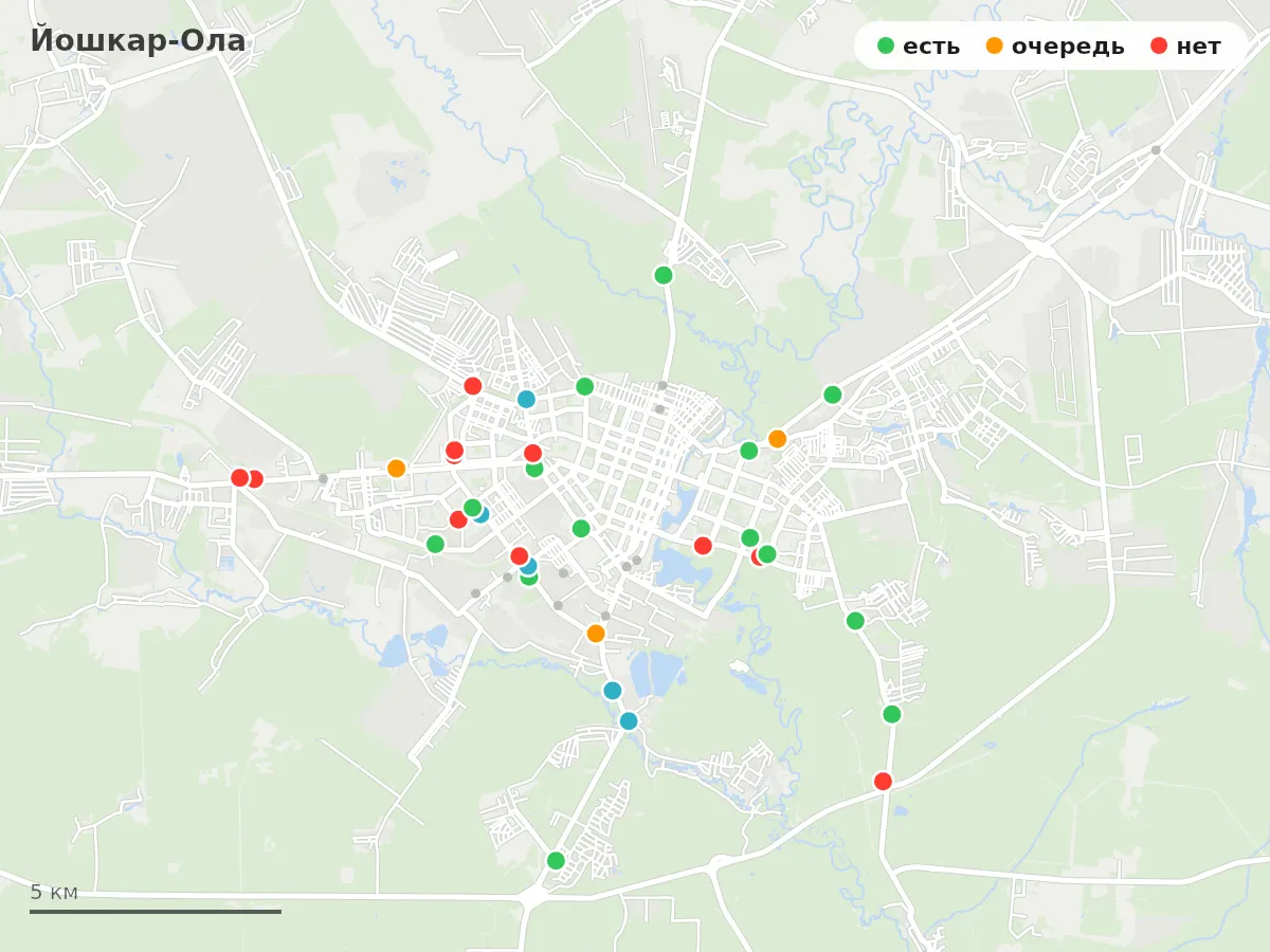 Карта заправок Йошкар-Ола: зелёные — есть топливо, оранжевые — очередь, красные — нет