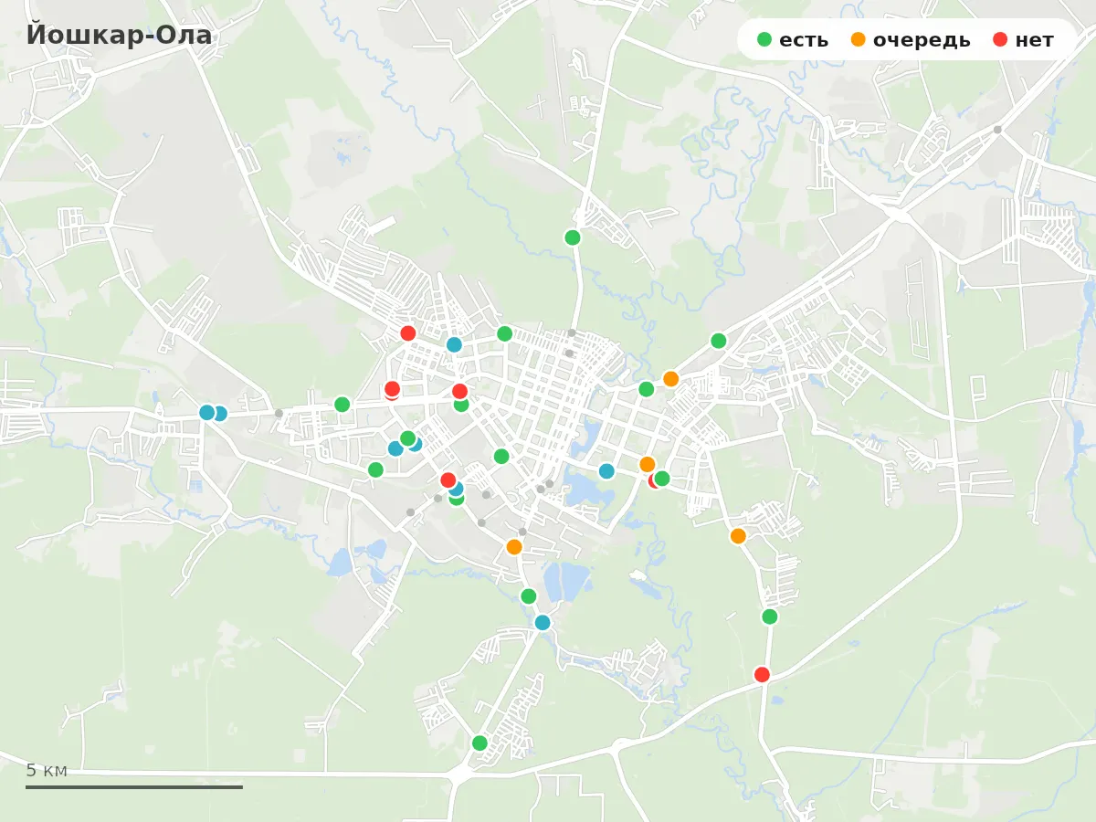Карта заправок Йошкар-Ола: зелёные — есть топливо, оранжевые — очередь, красные — нет