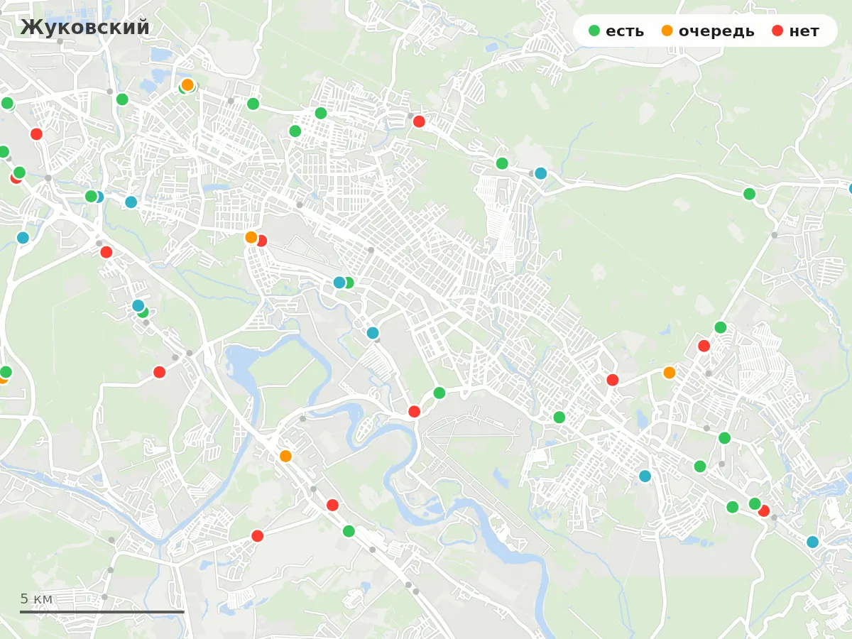 Карта заправок Жуковский: зелёные — есть топливо, оранжевые — очередь, красные — нет
