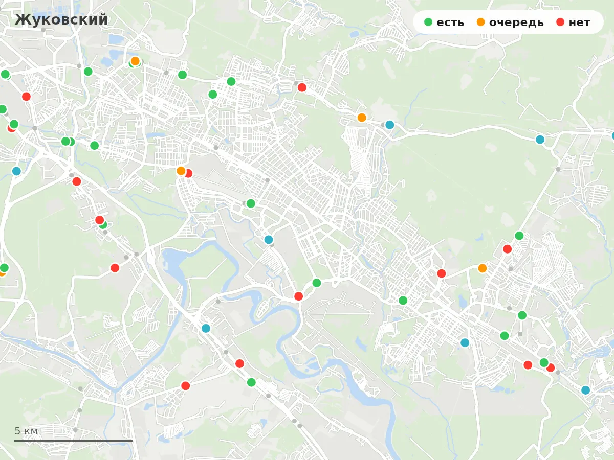 Карта заправок Жуковский: зелёные — есть топливо, оранжевые — очередь, красные — нет